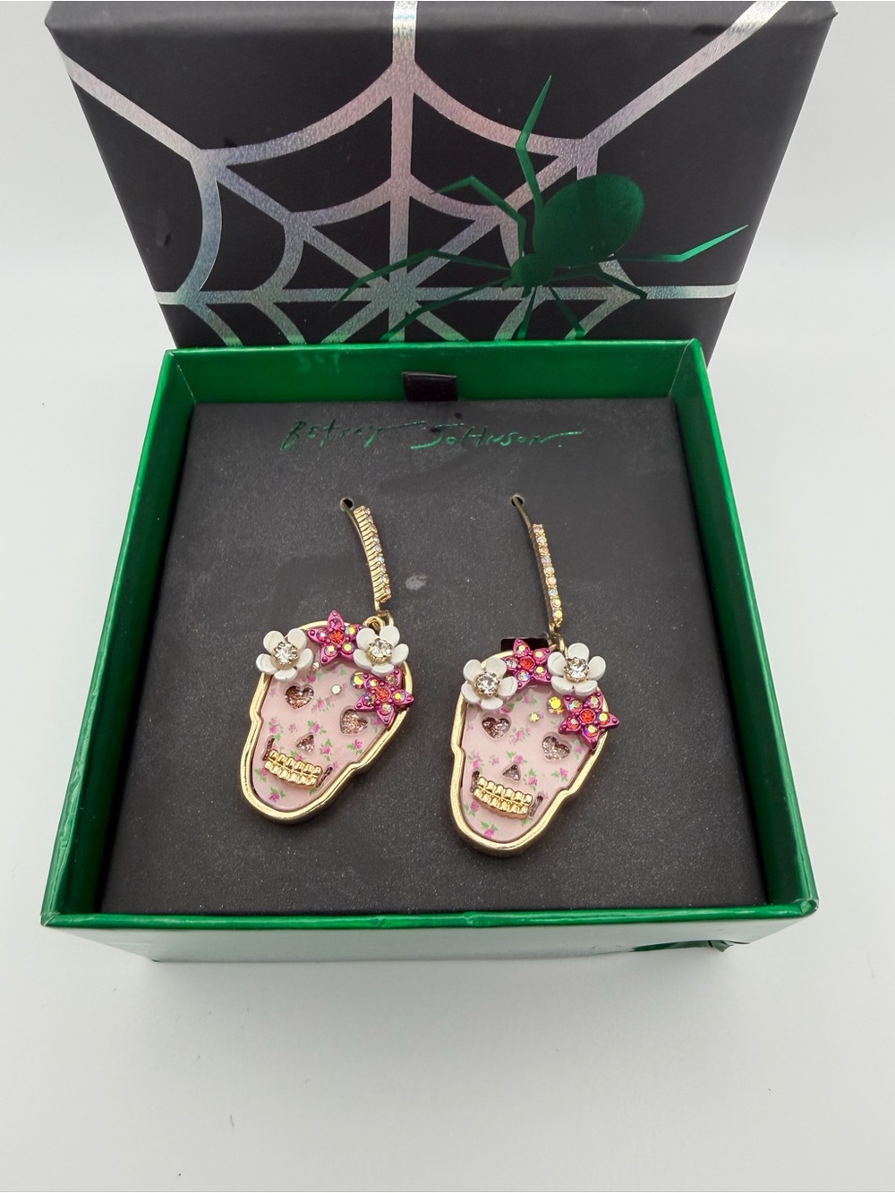 Betsey Johnson Pink Sugar Skull Earrings Rhinestone Floral Halloween